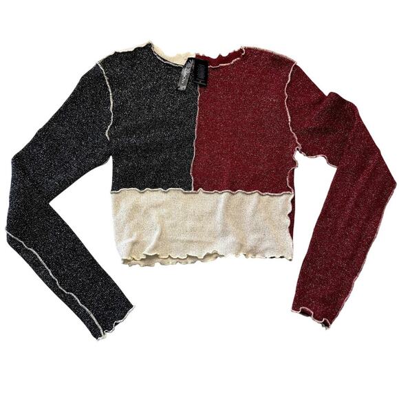 Lunachix Tops - Luna Chix Metallic Red Black White Stretchy Cropped Sweater Women's Size Medium